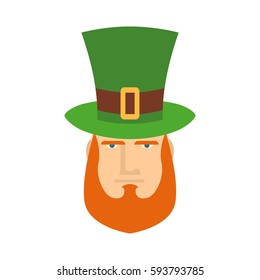 Leprechaun in green hat face. Head with Red beard. Portrait for St. Patricks Day celebration in Ireland
