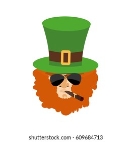 Leprechaun in green hat face. Head with Red beard. Portrait for St. Patricks Day celebration in Ireland
