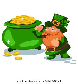 Leprechaun in green hat with four leaf clover and a pot of gold coins. Vector cartoon character. Illustration for St. Patrick's Day. Design element for the Irish holiday.
