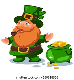 Leprechaun in green hat with four leaf clover and a pot of gold coins. Vector cartoon character. Illustration for St. Patrick's Day. Design element for the Irish holiday.