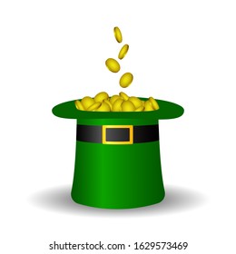 Leprechaun green hat and golden coins. Vector illustration.