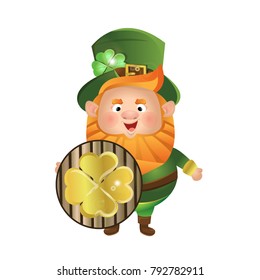Leprechaun in a green hat holds a round symbol with a gold clover. St.Patrick's Day. Vector character, isolated on white background.