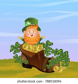 Leprechaun with a green hat jumps out of a large brown shoe filled with gold coins. Landscape with thickets of clover, blue sky and clouds. St.Patrick's Day. Cute vector character