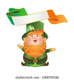 Leprechaun in a green hat and look looks at flying over it the flag of Ireland. St.Patrick's Day. Cute vector character isolated on white background.