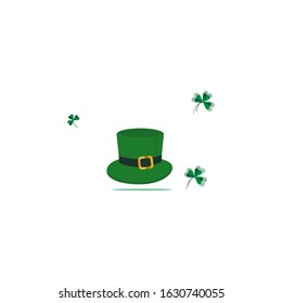 Leprechaun green hat with lucky clover isolated.  Happy St. Patrick's day. Usable as icon, banner, design element. Vector illustration. 