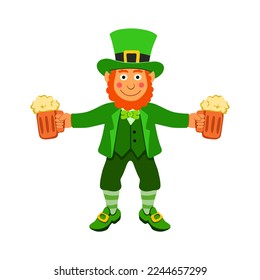 Leprechaun con sombrero verde y con una taza de ale en la mano, irlandés con barba y sonriente con traje verde, símbolo del Día de San Patricio. Ilustración del vector