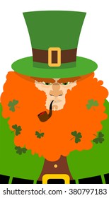 Leprechaun in Green Hat. Portrait serious leprechaun with big Red Beard. Angry leprechaun with smoking pipe. Illustration for St. Patrick's day celebration in Ireland 