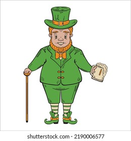 Leprechaun in a green hat with a red beard, a glass of beer in one hand and a cane in the other. The character is hand-drawn. St. Patrick's Day illustration. Doodle vector.