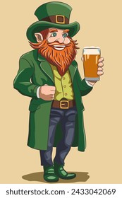 Duende con sombrero verde, barba roja y bigote con un vaso de cerveza espumosa en la mano.