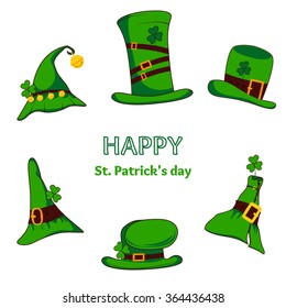 Leprechaun green hat silhouette. Leprechaun hat isolated on white.  Leprechaun head hat vector. Leprechaun hat decoration. Leprechaun face hat vector.Set hats St. Patrick's day


