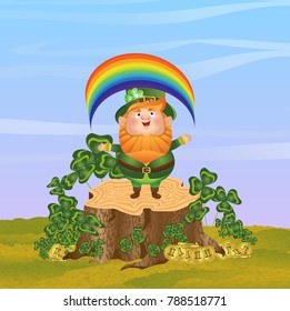 Leprechaun in a green hat stands on a stump and looks at the rainbow emerging from the gold coins in his hands. Thickets of clover, sky. St.Patrick's Day. Cute vector character and landscape