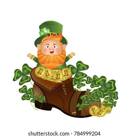 Leprechaun, in a green hat and suit, jumps joyfully out of a shoe full of coins. Clover. St.Patrick 's Day. Cute vector character, isolated on white background