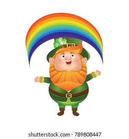 Leprechaun in a green hat and suit looks at the bright rainbow coming out of his hands. St.Patrick's Day. Cute vector character, isolated on white background