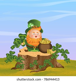 Leprechaun in a green hat and suit sits on a stump and holds a large pot of gold coins. Thickets of clover, sky. St.Patrick's Day. Cute vector character and landscape