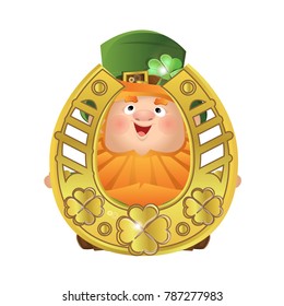 Leprechaun in a green hat and suit sits on a stump and holds a large gold horseshoe. St.Patrick's Day. Cute vector character, isolated on white background