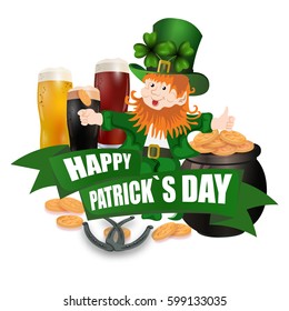 Leprechaun in a green hat. Three kinds of beer. Pot with coins. Two leaves of clover. Horseshoes. An inscription for St. Patrick's Day. Isolated on white background. Vector illustration