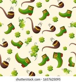 Leprechaun green shoes and pipes with lucky clovers. Vector seamless pattern for Saint Patrick's Day holiday design.