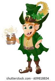 Leprechaun in green suit and hat with feather and clover