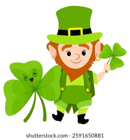 Leprechaun in green suit and hat with shamrock leaf for St. Patrick's Day