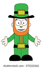 Leprechaun in green suit and hat standing with open arms.