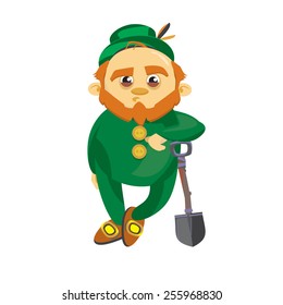 Leprechaun in the green suit leaned on his shovel