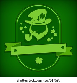 Leprechaun green template card. Saint Patricks Day Leprechaun with pipe. Beard. Hat and clover herb design pattern. Vector illustration