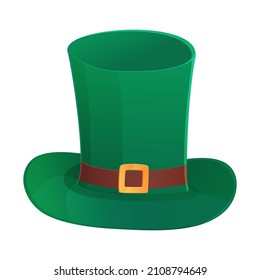 leprechaun green top hat with buckle. Irish costume. St Patrick day concept. Stock vector illustration in cartoon realistic style isolated on white background.