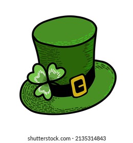 Leprechaun green top hat with clover for St. Patrick’s Day. Vector illustration.