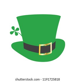 Leprechaun green top hat with a four leaf clover flat cartoon illustration, isolated on white background