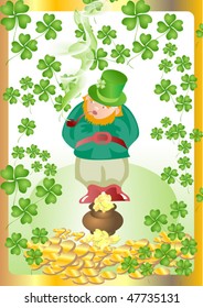 Leprechaun guarding a pot of gold coins on a background of green clover leaves