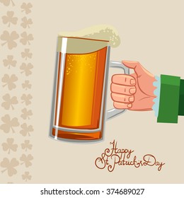 leprechaun hand, Irish man with beer, St. Patrick's Day design, cartoon vector illustration