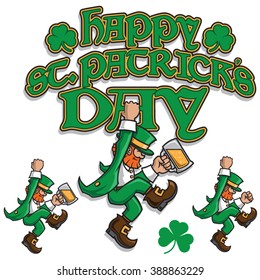 Leprechaun Hanging on Text Holding a Beer or Fist Pumping for St. Patrick's Day