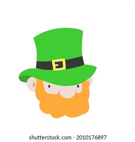 Leprechaun in hat. Avatar symbol. Happy St. Patrick`s Day. Vector illustration with white begron