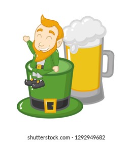 leprechaun and hat beer happy st patricks day vector illustration