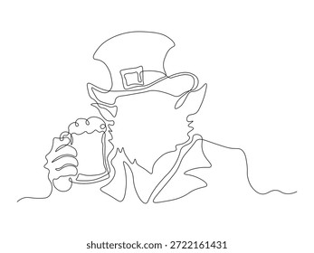 duende en un sombrero con una taza de cerveza, el día de San Patricio, continuo de una sola línea de arte dibujo a mano logotipo de boceto sobre fondo blanco