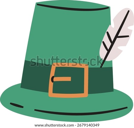 A leprechaun hat with a buckle and feather in a cartoon style. The illustration depicts a festive hat adorned with a decorative plume. Cartoon vector illustration.