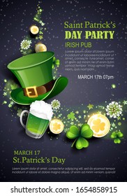 Leprechaun hat, clover, gold coins and green ale on black background. St. Patrick's Day party holiday flyer. Vector illustration.