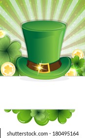 Leprechaun hat, clover and gold coins. St. Patrick's Day background.