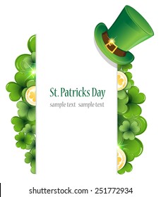 Leprechaun hat, clover and gold coins. St. Patrick's Day background.