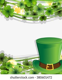 Leprechaun hat, clover and gold coins. St. Patrick's Day background.