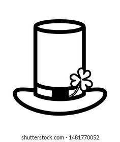 Leprechaun hat with clover leaf on a white background. Vector illustration with attributes of St. Patrick's Day. Outline drawing. Trefoil on the cylinder hat.