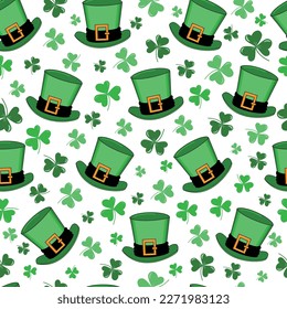 Leprechaun hat and clover leaf seamless pattern. Happy St. Patrick's Day! Good for textile print, poster, banner, wrapping and wall paper.