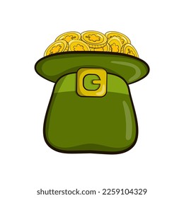 Leprechaun hat with coins, traditional irish sign of wealth and good luck in cartoon style isolated on white background, design element for greeting cards for St. Patrick`s Day