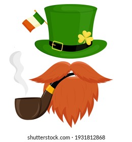 A leprechaun hat decorated with the flag of Ireland, mustache, beard and pipe. Vector illustration of St. Patrick's Day isolated on a white background.