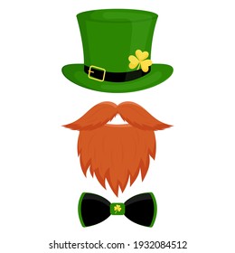 A leprechaun hat decorated with shamrock clover, mustache, beard, and bow tie. Vector illustration of St. Patrick's Day, isolated on a white background.