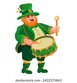 Leprechaun in a hat with a drum. Cartoon character in flat style isolated on white. Funny fat musician with a drum. Illustration for St. Patricks Day. Design element for the Irish holiday. Vector.