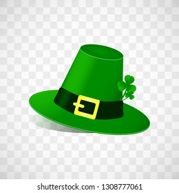 Leprechaun hat with fhree leafed clover isolated on transparent background. St. Patrick s day holiday good luck, object, March 17