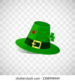 Leprechaun hat with fhree leafed clover and ladybug isolated on transparent background. St. Patrick s day holiday good luck, object, March 17