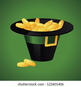 Leprechaun hat filled with gold coins on green background