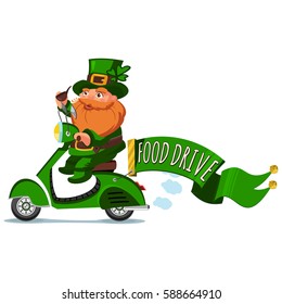 Leprechaun in hat with four leaf clover on a retro scooter with ribbon banners and text "Food drive." Vector cartoon character. Illustration for St. Patrick's Day. Design element for Irish holiday.